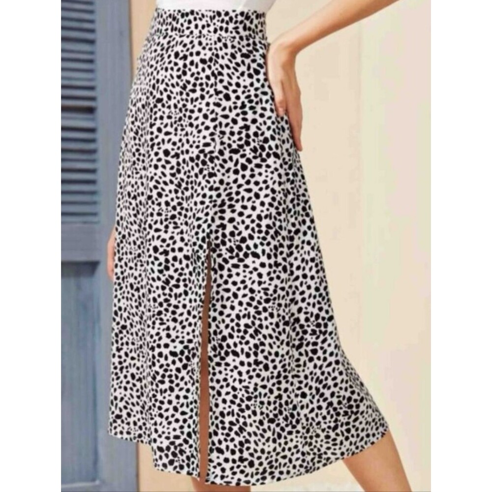 SHEIN Black White Dalmatian Print Midi Skirt Side Slit Size L